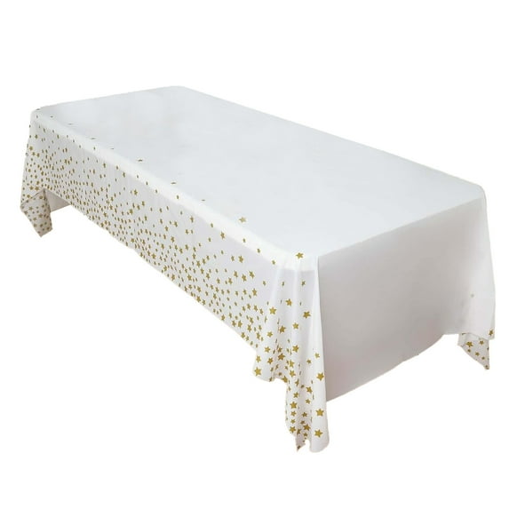 Leodye 1 Pcs Christmas Snowflake Party Tablecloths Decorations,Plastic White and Gold Table Cloth,Winter Rectangle Cover for New Year Birthday Holiday Decorations-107.87×53.94In