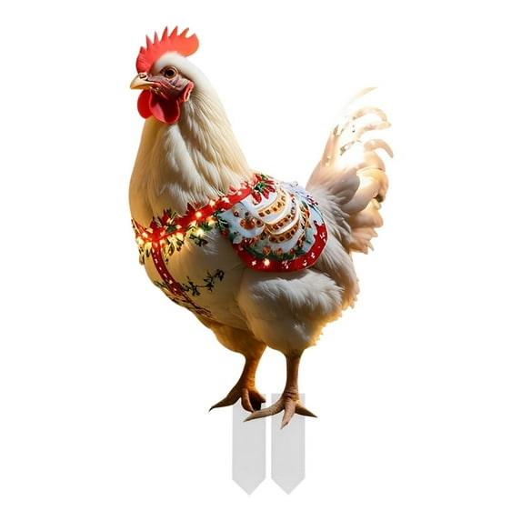 Leodye 1 Pcs Light up Chicken Christmas Decoration Metal Chicken Ornaments with LED Lights Christmas Rooster with Stakes for Xmas Yard Garden Patio Lawn Outdoor Decor-4.4*10.4IN