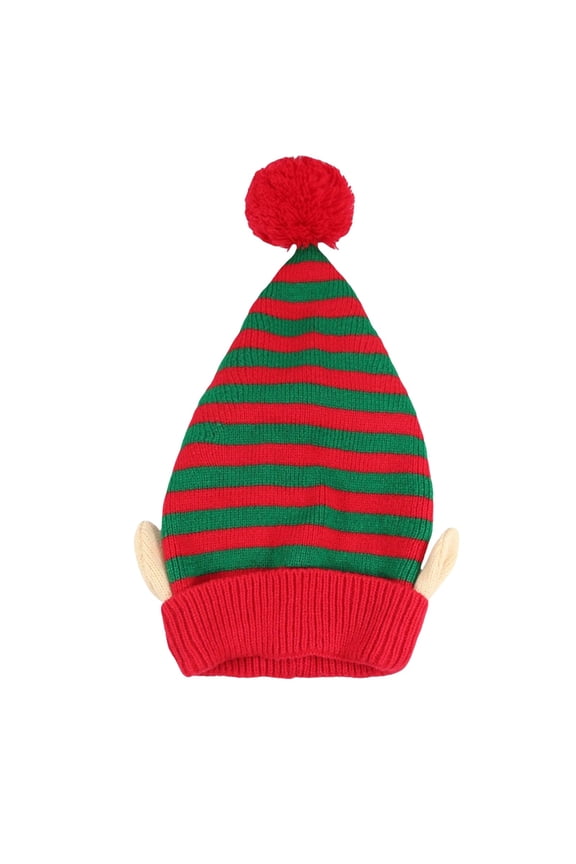 1 piece Christmas Elf Knitted Hat for Adult Winter Beanie Xmas Red & White Stripes with Green Pom Hat Xmas New Year Party Hat-8.1 * 16.1 * 0.4in