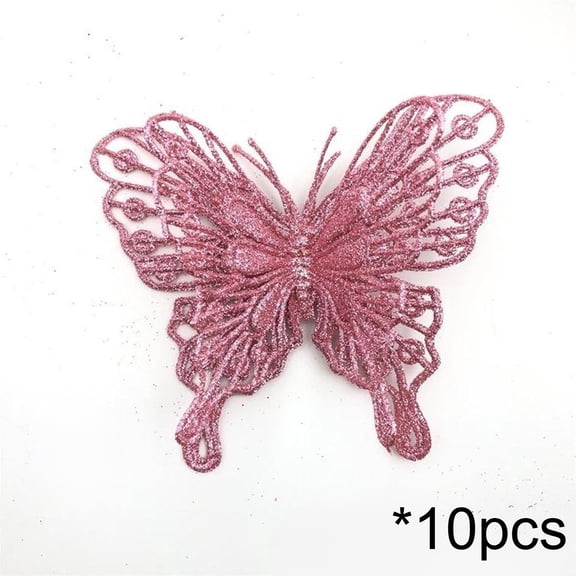 Leodye 10 Pack Glitter Butterfly Decorations Christmas Tree Butterfly Ornaments Artificial Butterflies with Clip & Stem for Xmas Party Wreath Garland Decor - 5.12*4.53in