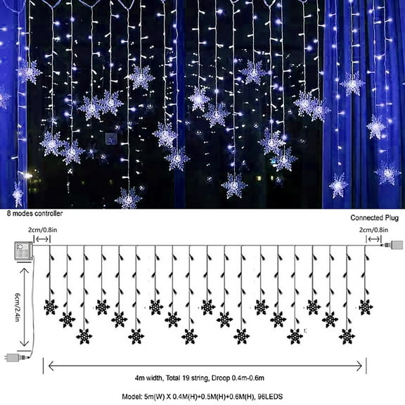 Leodye 13ft/4M 96 LED Snowflake Curtain String Lights Plug-in Memory Window Lights with 8 Modes for Christmas, Wedding, Party,Wall, Home Decorations