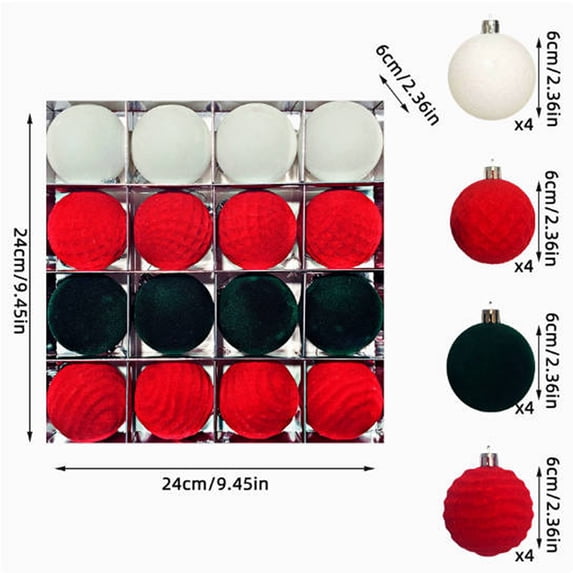 Leodye 16PCS Flock Flocked Christmas Baubles, Colorful Hanging Ornament Balls for Christmas Tree Indoor Festive Decoration -2.36IN
