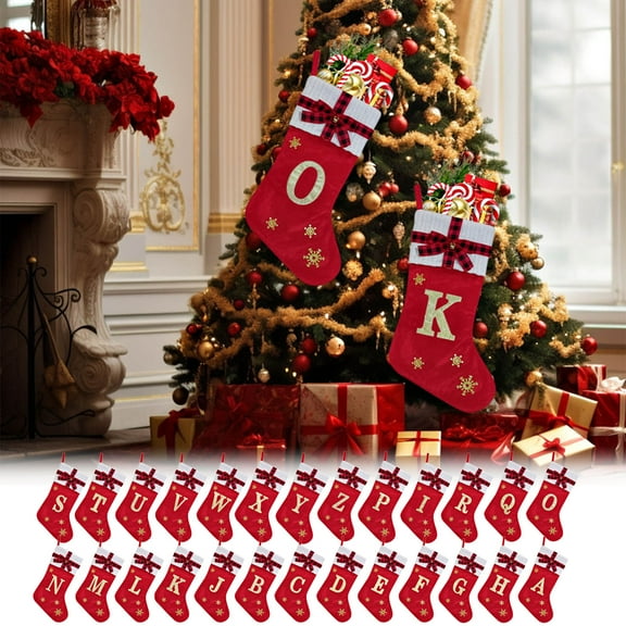 Leodye 17Inches Christmas Stockings with Initials, Embroidered Letter Knit Christmas Stocking for Family Holiday Decorations and Xmas Gift -27pcs