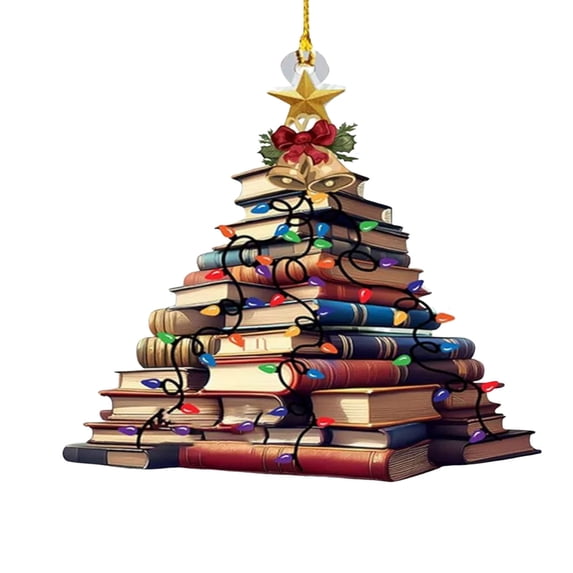 Leodye 1PCS 2D Flat Acrylic Christmas Books Ornament Tree Shape Bookshelf Pendant Christmas Tree Decoration Novelty Hanging Decorations Books Stacked Ornament-3.15in