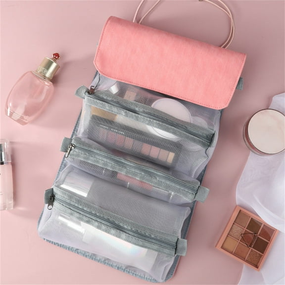 Leodye 1PCS 4-in-1 Hanging Roll-up Mesh Makeup Bag Water-resistant Portable Travel Daily Toiletry Cosmetic Organizer Pouch -unfolded size: 21.3x5.9in