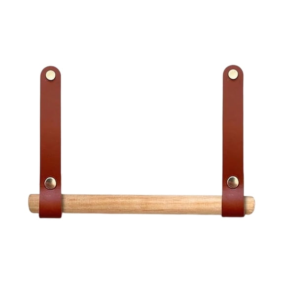 Leodye 1PCS Under Cabinet Paper Towel Holder, Leather Strap Wooden Rod Structure, Rustic Easy Install Tissue Dispenser for Kitchen Bathroom Outdoor -6.69*5.7in