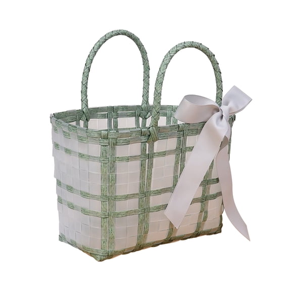 Leodye 1PCS Clear Plastic Woven Tote Bag - Stylish Beach/Vegetable Basket, Teacher Gift with Ribbon -15.75x10.63x6.3in
