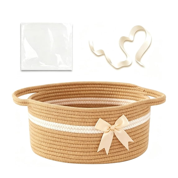 Leodye 1PCS Cotton Rope Gift Basket with Handles Woven Storage Bin with Bow Clear Ribbon Gift Bag for Christmas Holiday Gift Giving Home Storage Container -13.78x8.66x5.51in