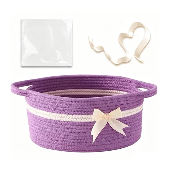 Leodye 1PCS Cotton Rope Gift Basket with Handles Woven Storage Bin with Bow Clear Ribbon Gift Bag for Christmas Holiday Gift Giving Home Storage Container -13.78x8.66x5.51in