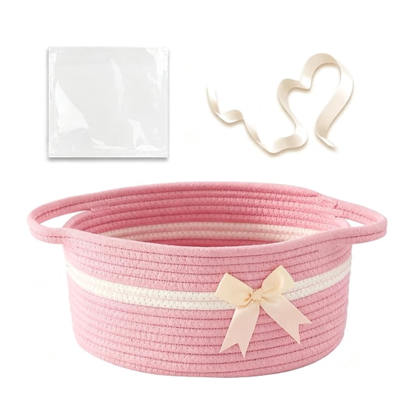 Leodye 1PCS Cotton Rope Gift Basket with Handles Woven Storage Bin with Bow Clear Ribbon Gift Bag for Christmas Holiday Gift Giving Home Storage Container -13.78x8.66x5.51in