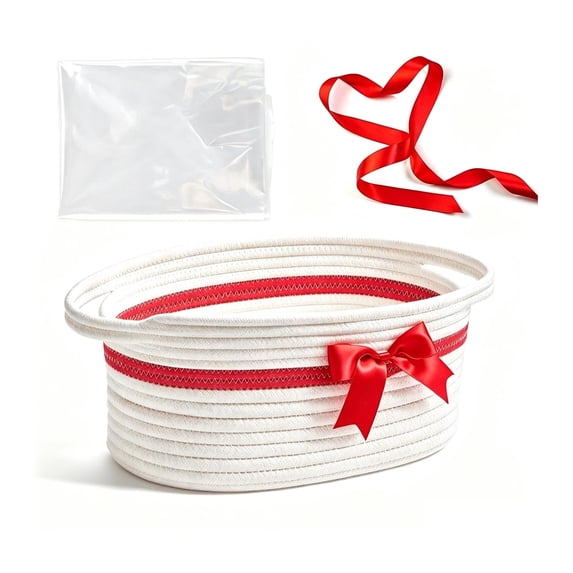 Leodye 1PCS Cotton Rope Gift Basket with Handles Woven Storage Bin with Bow Clear Ribbon Gift Bag for Christmas Holiday Gift Giving Home Storage Container -13.78x8.66x5.51in