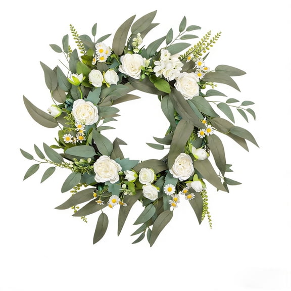 Leodye 1PCS Front Door Spring Wreath with Artificial Green Leaves and Flowers, Floral Garland for Indoor Outdoor Party Garden Wall and Home Decoration -19.6x19.6in