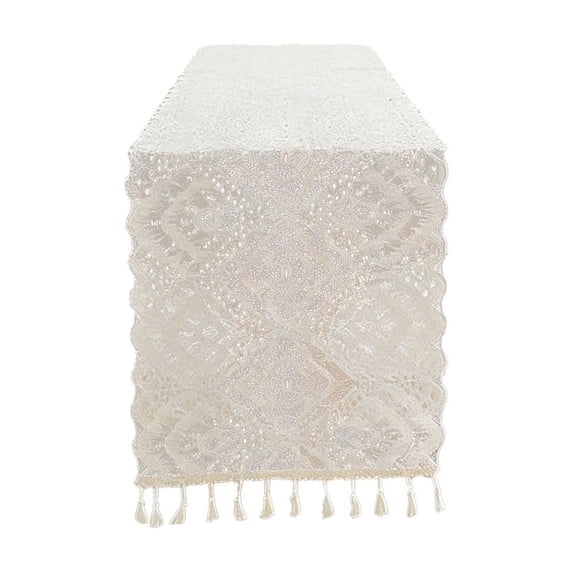 Leodye 1PCS Lace Tassel Table Runner Elegant Decorative Home Dining Room Sideboard Shoe Cabinet Cover Cloth -39.37x11.81in