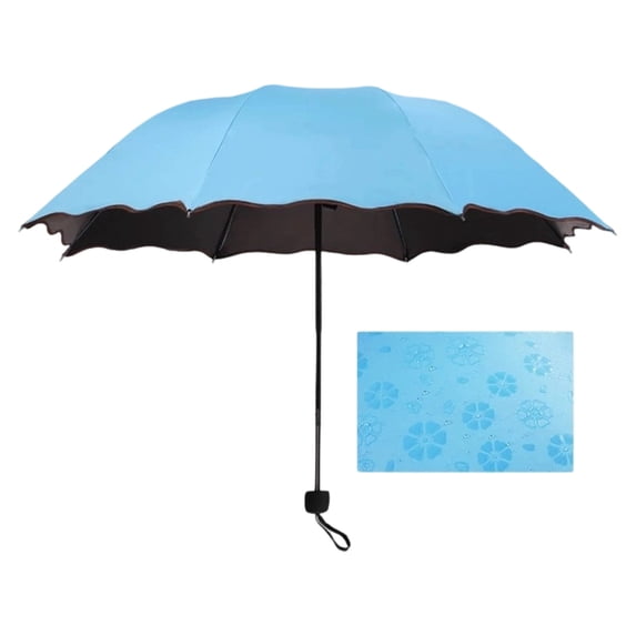 Leodye 1PCS Manual Folding Sun Rain Umbrella Black Coated UV Protection Water Activated Floral Pattern for Women Outdoor Travel -36.6IN