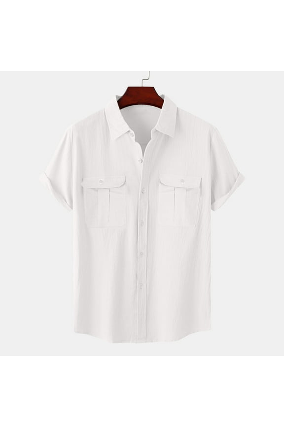 1PCS Men's Linen Short Sleeve Shirt, Solid Color Double Pocket, Loose Lightweight Breathable Style, Perfect for Vacation Beach and Holiday Wear White XXXL