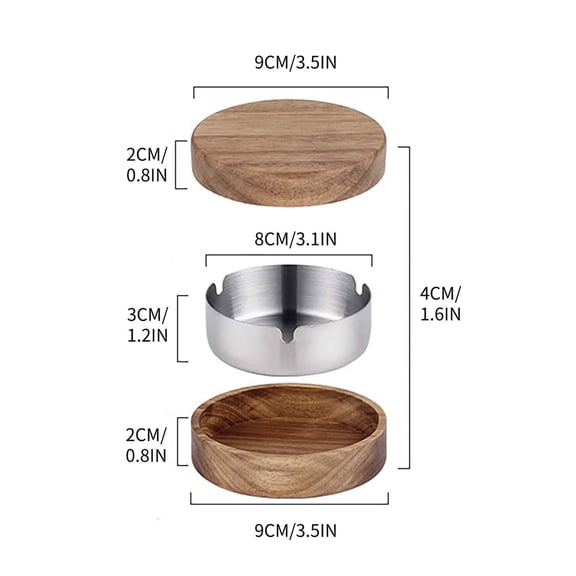 Leodye 1PCS Round Wood Ashtray with Cover Fly Ash Proof Stainless Steel Liner Living Room Household Ashtray