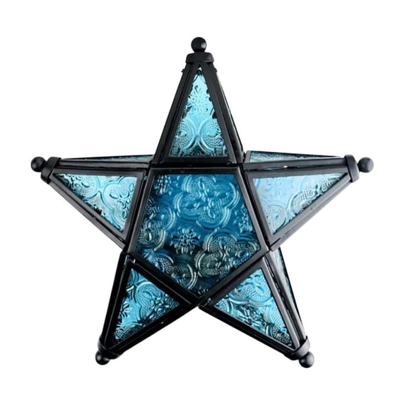 Leodye 1PCS Star Iron Stained Glass Candlestick Windproof Retro Home Holiday Tabletop Decor Wind Lamp -7.76x7.32in