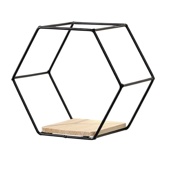 Leodye 1PCS Wall Mounted Hexagonal Floating Shelves Modern Metal and Wood Partition Storage Rack Wall Decor for Bedroom Living Room and office -6.5x5.71x3.74in