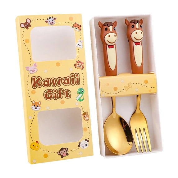 Leodye 1Set Year of the Horse Stainless Steel Spoon fork Set Festive Design Household Tableware Holiday Gift Set -7.09x3.15x0.98in