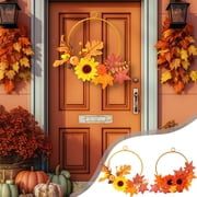 Leodye 1pcs Artificial Sunflower Sunflower Decorative Wreath Thanksgiving Maple Leaf Metal Wreath Home Wall Hanging-12.6 x 10.63 in