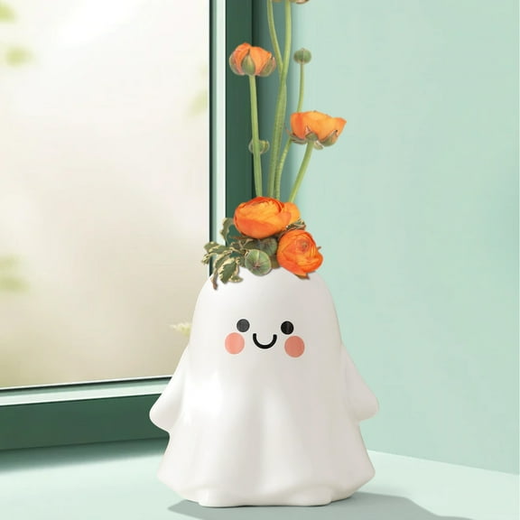 Leodye 1pcs Cute Ghost Ceramic Flower Vase, White Decorative Planter with Smiley Face, Modern Home Decor for Fresh Flowers, Nursery Room