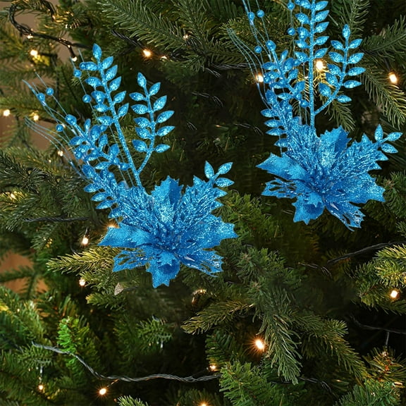 Leodye 2 Pack Christmas Tree Ornaments - Artificial Flowers Glitter Berry Stems Christmas Floral Picks Branches for Xmas Tree Decorations Vase Filler Holiday Wedding Party Home Decor