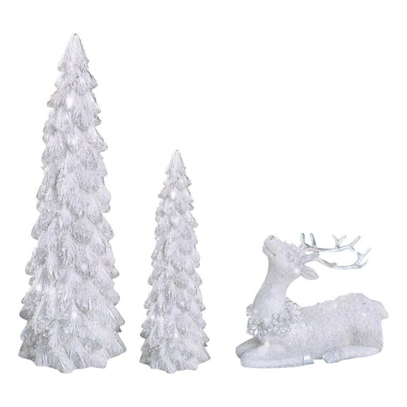 Leodye 3 Pack Christmas Trees and Reindeer Figurines Decoration- 2 Christmas Tree Statues and 1 Deer Vintage Christmas Decor Set, Resin Ornaments