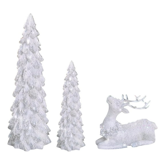 Leodye 3 Pack Christmas Trees and Reindeer Figurines Decoration- 2 Christmas Tree Statues and 1 Deer Vintage Christmas Decor Set, Resin Ornaments