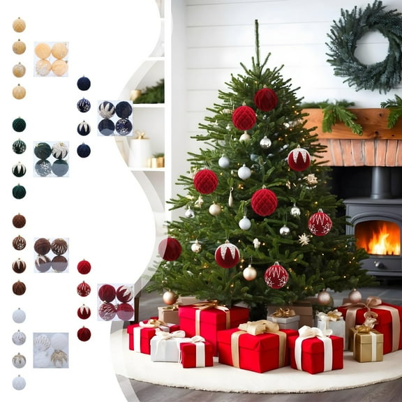 Leodye 4-Pack Flocked Velvet Christmas Tree Ball Ornaments Set, Decorative Hanging Baubles, Shatterproof Plastic Decorations for Xmas Tree, Wreath, Garland,8 cm