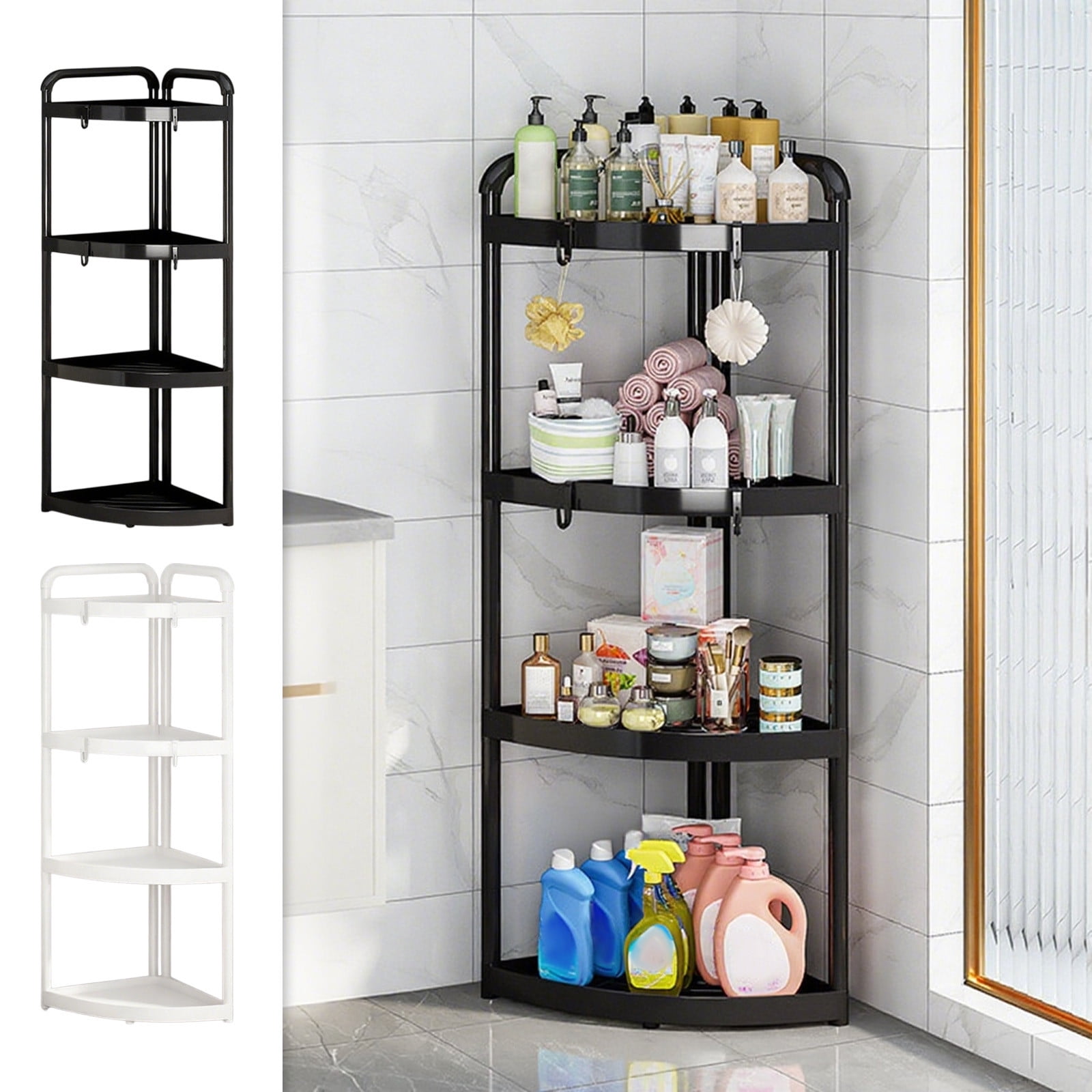 Leodye 4 Tier Floor Standing Corner Shower Caddy Organizer Shelf with Hooks, Bathroom Shelves Stand Rack