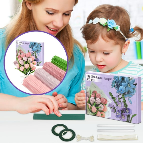 Leodye 400Pcs Pipe Cleaner Flower kit – Pipe Cleaners Bulk with Assorted Colors Chenille Stems for DIY Flower Making Kit, Includes Floral Wires, Tape, Stamen and Ribbon