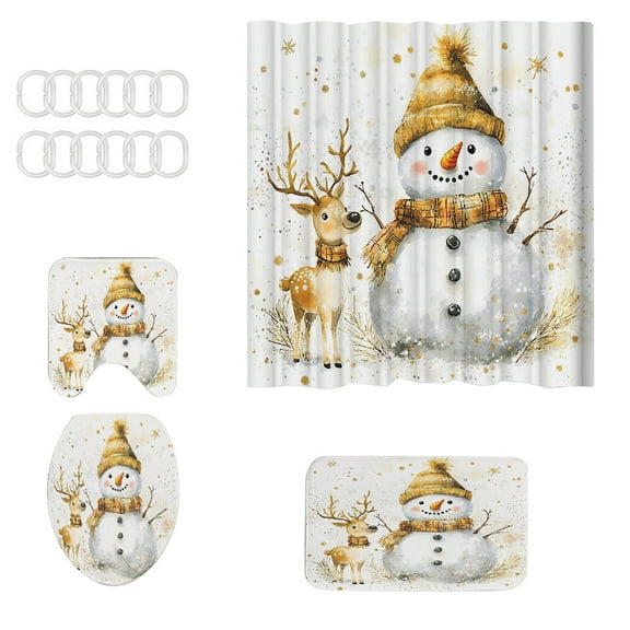 Leodye 4Pcs Christmas Shower Curtain Bathroom Set - Santa Claus Girl Non Slip Rugs Toilet Lid Cover Bath Mat with Hooks Xmas Decorations-14.97x11.02x1.57in