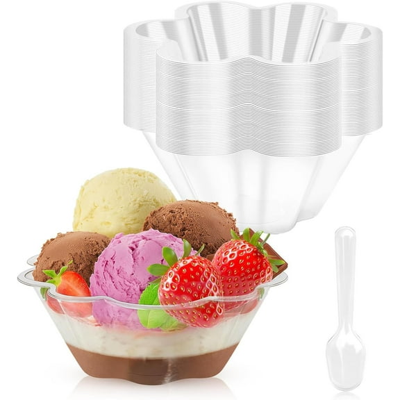 Leodye 60 Pcs Plastic Dessert Cups with Spoons,Clear Flower shaped Ice Cream Small Party Serving Bowls,Small Party Serving Bowls for Ice Cream,Fruit,Strawberry Shortcake,Disposable Snack