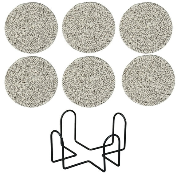 Leodye 6PCS Woven Round Yarn Placemats Non-slip Anti-scald Design Table Insulation Coaster with Storage Holder Accessory -4.33in