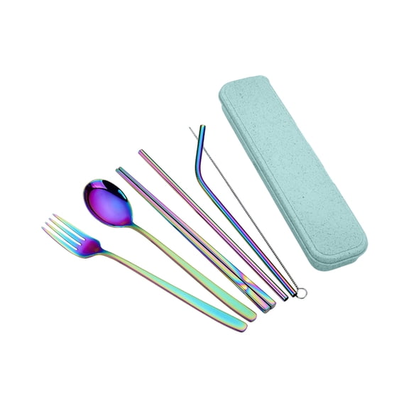 Leodye 7 Pieces Stainless Steel Flatware Set Portable Reusable Cutlery Set Travel Utensils Set Including Chopsticks fork Spoon Straws Cleaning Brush Dishwasher Safe