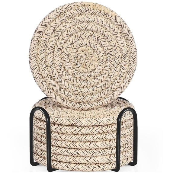 Leodye 8 Pcs Set Rope Placemat with Stand Heat Insulation Design Household Dining Table Pot Bowl Mat Accessory -4.33x4.33in