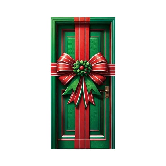 Leodye Bow Door Cover 71x35 Inch Large Christmas Banner for Front Door Outdoor Indoor Decorations Holiday Backdrop with Sheer Ribbon Giant Fabric Bowknot Gift Wrap Entryway Party Wedding Decor