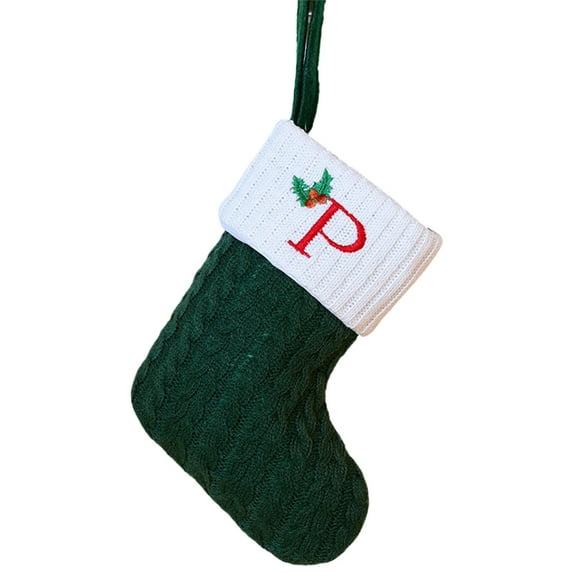 Leodye Christmas Stockings with Initial,7.9"x6.3" Embroidered Monogram Plush Knitted Stockings,Green White Christmas Stocking Letter for Family Christmas Tree Fireplace Decoration
