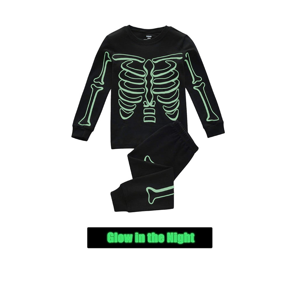 Leodye Clearance Toddler Kids Pajamas Boys in Dark Halloween Skeleton Cotton Sleepwear Set Black
