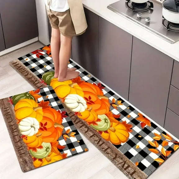 Leodye Fall Pumpkin Decorative Kitchen Rugs Set of 2,Non Skid Washable, Home Seasonal Fall Holiday Party Autumn Harvest Thanksgiving Kitchen Mat
