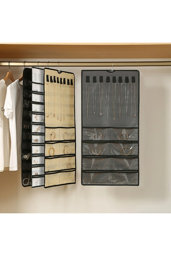 Hanging Jewelry Organizer, Necklace Holder Anti-tangle Earrings Rings Hanger with 48 Jewelry Bags Travel Storage Roll with Pockets Hang on Closet, Wall, Door,1 Piece-33.85x16.92x2.36in