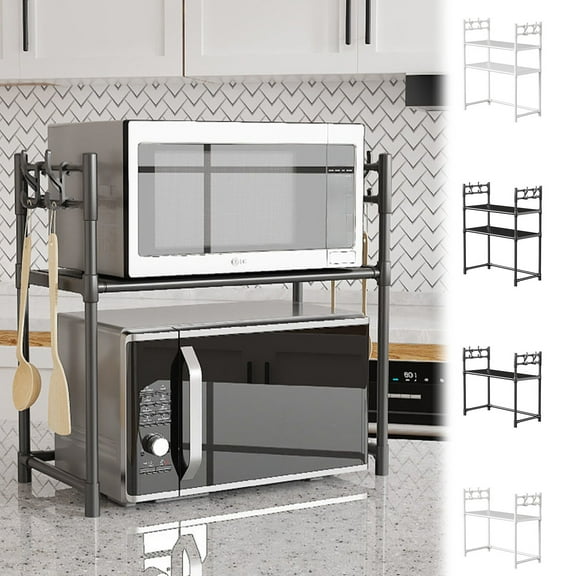 Leodye Microwave Stand Countertop, Expandable Microwave Shelf, 2-Tier Carbon Steel Over Microwave Oven Rack Adjustable Height Kitchen Counter Shelves