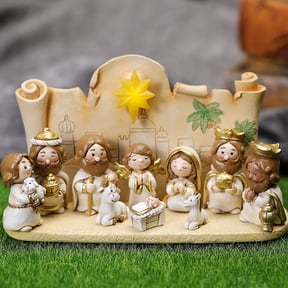 Leodye Mini Christmas Nativity Set,11 Pieces Little People Nativity Set,Christmas Decoration Miniature Nativity Set,Nativity Scene with Light 10 Rearrangeable Figurines Decor Tabletop Decor