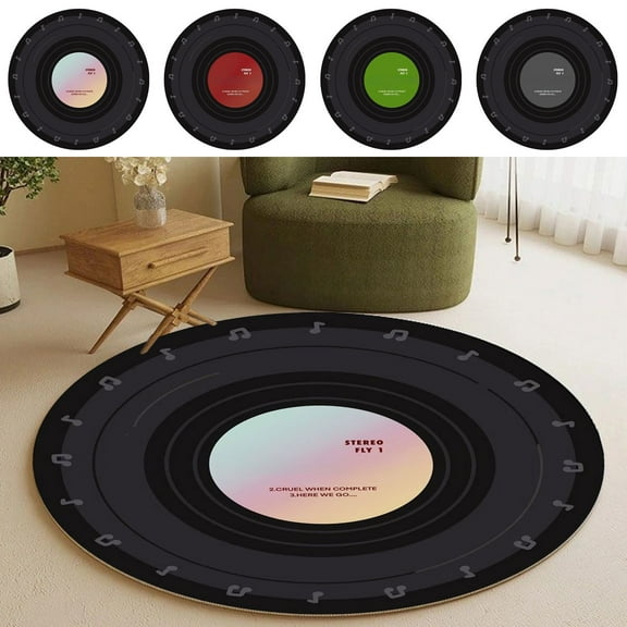 Leodye Music Record Black Round Area Rug for Bedroom Living Room Study Playing,Non-Slip Floor Mat Carpet Home Decor Rugs