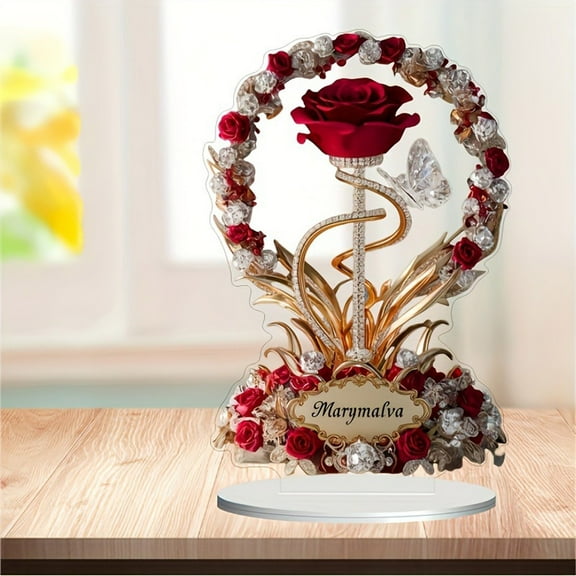 Leodye Personalized Flower Acrylic Plaque,2D Acrylic Sign Rose Flower Gift Tabletop Decoration,Mothers Day Garden Gift for Mom Grandma From Daughter Son Grandkids