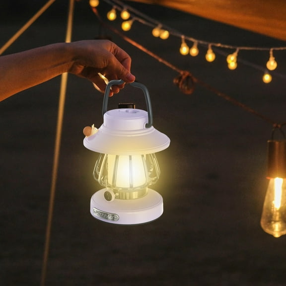 Leodye Portable Outdoor Lights Battery Powered Camping Lamp Outdoor Hanging Lantern Flickering Flame Rechargeable Retro Light Non-Solar