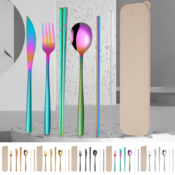 Leodye Portable Utensils, Travel Camping Cutlery Set, fork Spoon Chopsticks Straw Brush Storage Bag 7 Pcs, Stainless Steel Flatware set