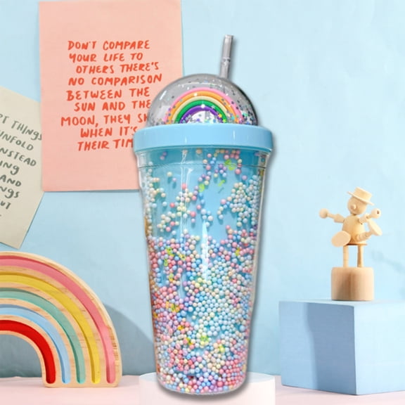 Leodye Summer Colorful Bubble Straw Cup Girl Heart Students High Value Water Cup Summer Cold Drinks Fruit Punch Portable Plastic Cups Must Have Household Items