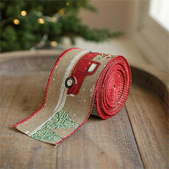Leodye Vintage Ornaments Christmas Wired Ribbon,78.7" Wired Burlap/Linen Ribbon with Merry Script and Festive Truck Design,Rustic Holiday Decor for Tree,Wreath,Bow,Gifts,Crafts,Home Decor