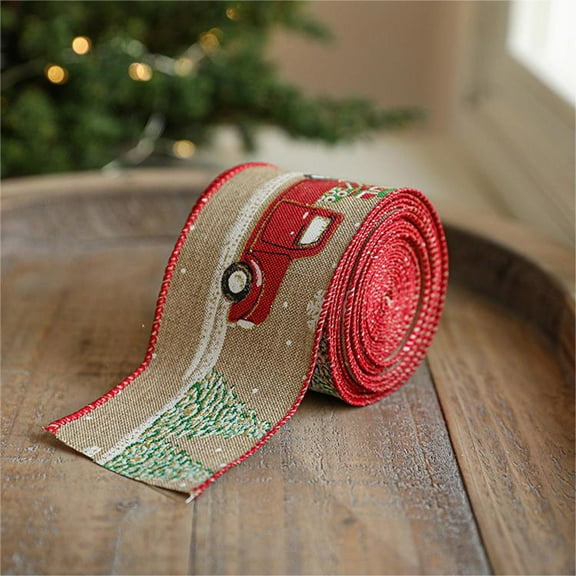 Leodye Vintage Ornaments Christmas Wired Ribbon,78.7" Wired Burlap/Linen Ribbon with Merry Script and Festive Truck Design,Rustic Holiday Decor for Tree,Wreath,Bow,Gifts,Crafts,Home Decor